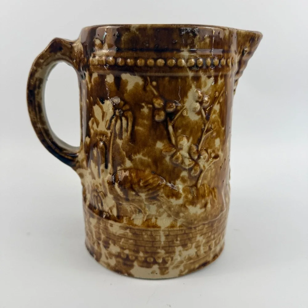 Antique Rockingham Glazed Yellowware Pitcher Brown Spongeware Relief Floral Jug
